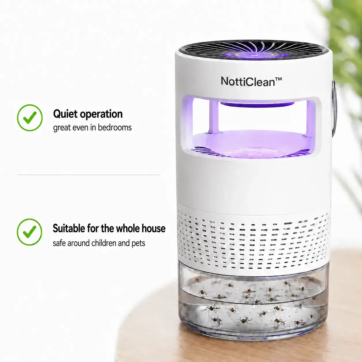 NottiClean UV mosquito trap on a bedside table
